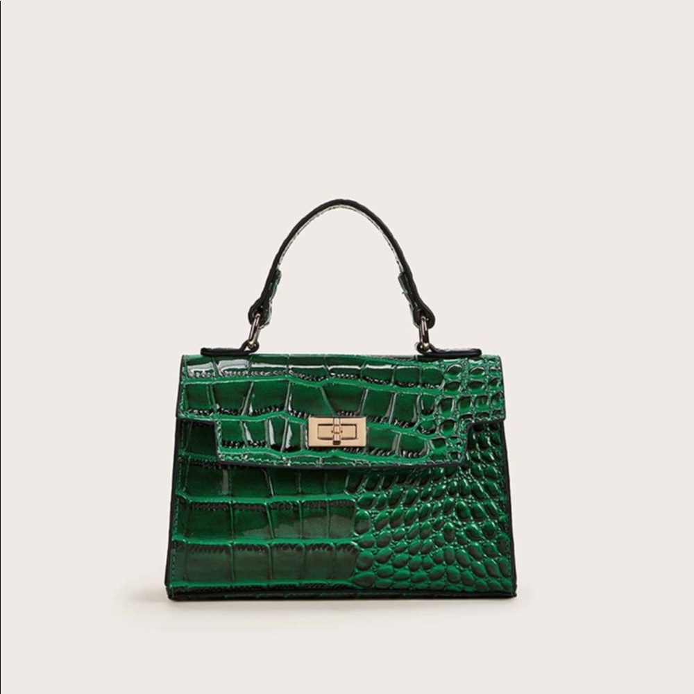 Crocodile croc vegan emerald green mini small bag crossbody chain square purse